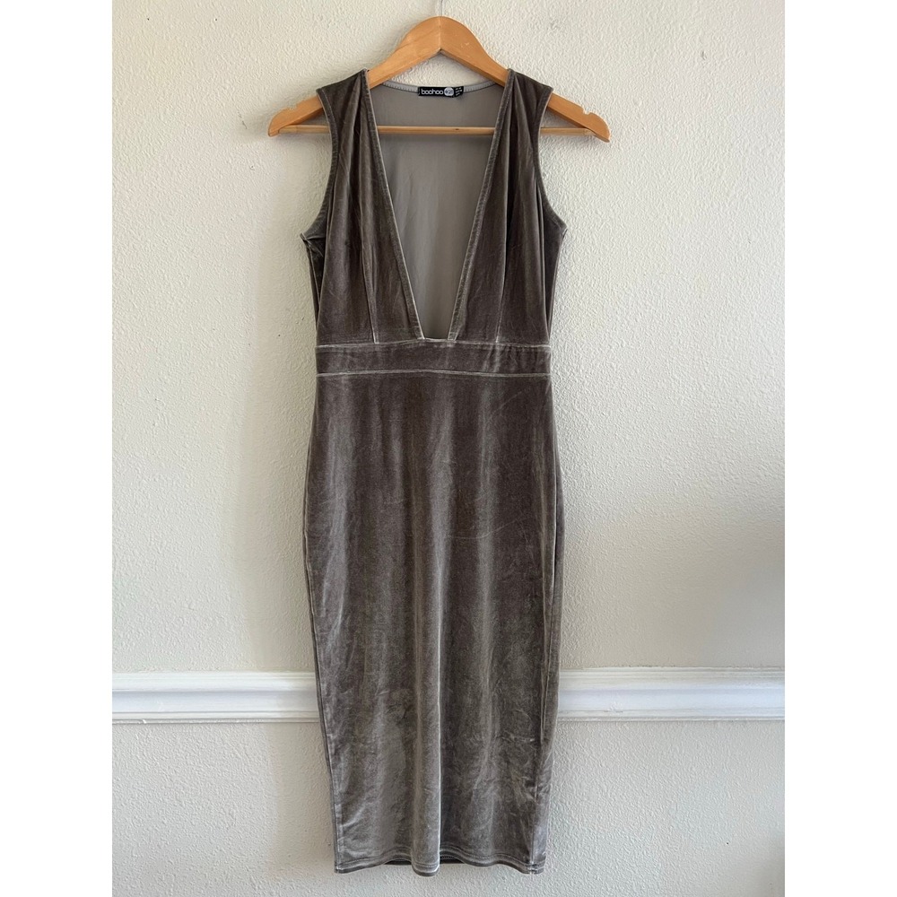 Boohoo Taupe Velvet Plunge Midi Dress